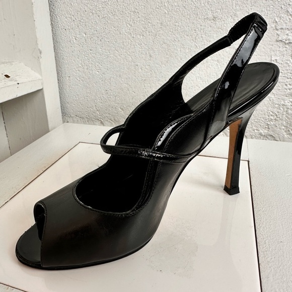 Manolo Blahnik Black Leather Printed Slingback Peep Toe Pumps – Size 36.5 - Picture 8 of 12